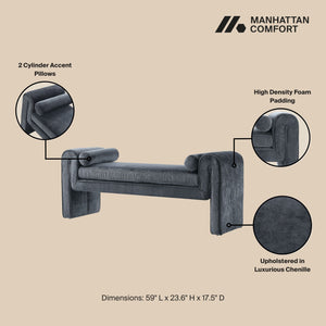 English Elm Concord Chenille Accent Bench with Bolster Pillows and Kiln-Dried Pine Frame, Commercial Grade Durability Black B365P398215