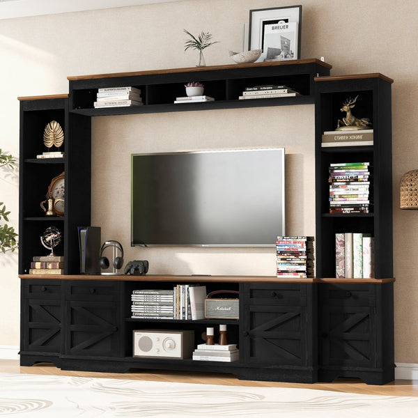 English Elm U-can Farmhouse Wall Unit with Barn Doors Built-in Power Outlets and Open Shelving Black+Brown SJ000154AAB