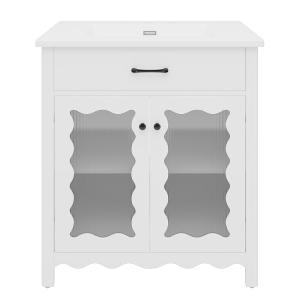English Elm Christopher Knight Home® - 30 Inches Bathroom Vanity With Tempered Glass Doors, Space-Saving Design, White Rubber Wood Style N817P299499W