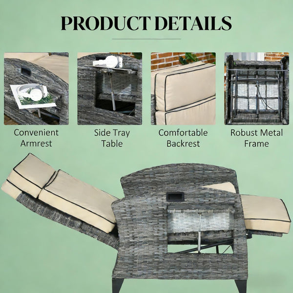 English Elm Reclining Outdoor Wicker Lounge Chair with Side Tray Thick Cushions Patio Resort T3971P444387