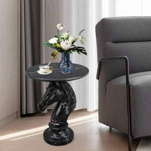 English Elm Horse Head Sculpted Resin End Table with Faux Marble Top for Bold Living Rooms Black W5398P454679