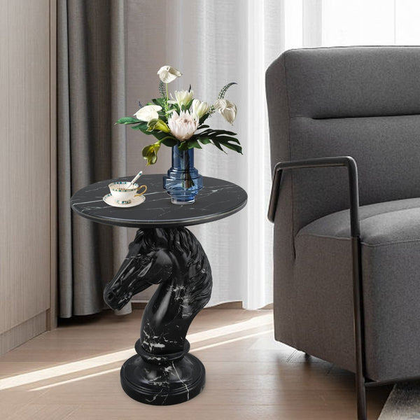 English Elm Horse Head Sculpted Resin End Table with Faux Marble Top for Bold Living Rooms Black W5398P454679
