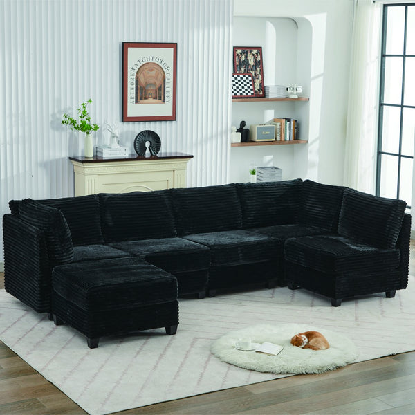 English Elm Corduroy Plush U-Shaped Sectional Sofa with Storage Ottoman, Pet-Friendly Durable Modular Comfort Black W2915S00063