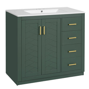 English Elm 36'' Bathroom Vanity with Ceramic Sink Combo Solid Wood Frame Soft-Closing Drawers Ample Storage Elegance Green N710P243327F