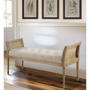 JLA Home Martha Stewart - Accent Bench with Tufted Upholstery, Cane-Inset Arms & Solid Wood Frame — Rustic Modern Entryway Seat MT105-0159