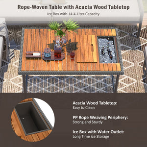 English Elm K&K 6-Piece Rope Patio L-Shaped Sectional Set with Acacia Wood Ice Box Table and Deep Cushions Grey N707S000014G