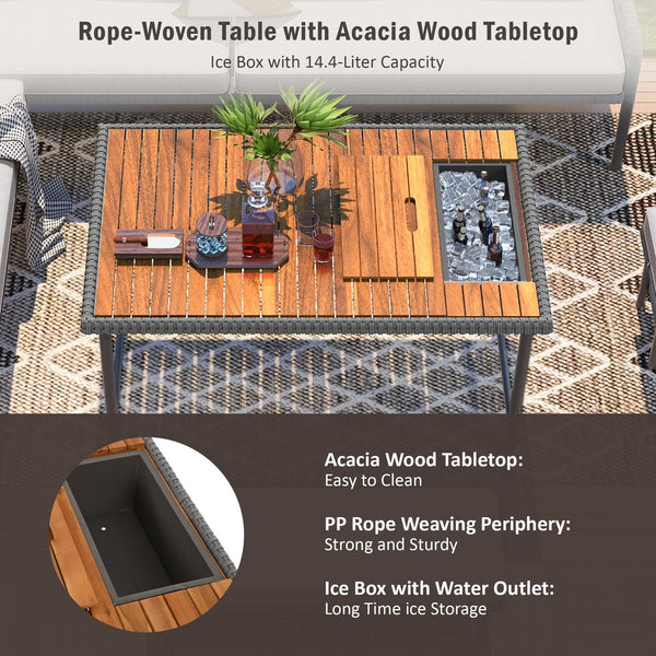 English Elm K&K 6-Piece Rope Patio L-Shaped Sectional Set with Acacia Wood Ice Box Table and Deep Cushions Grey N707S000014G