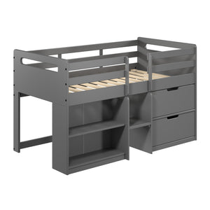 English Elm Grey Twin Loft Bed With Storage Drawers & Bookshelf - Space-Saving Design For Kids' Rooms! B062S00470