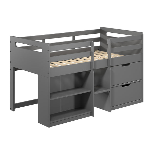 English Elm Grey Twin Loft Bed With Storage Drawers & Bookshelf - Space-Saving Design For Kids' Rooms! B062S00470