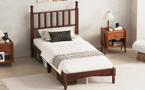English Elm Twin Rubberwood Platform Bed Gourd Headboard Retro Bohemian Bedroom Slat Base Walnut N733P427029D