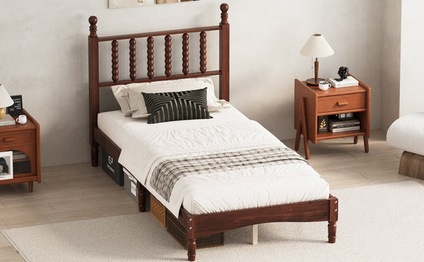 English Elm Twin Rubberwood Platform Bed Gourd Headboard Retro Bohemian Bedroom Slat Base Walnut N733P427029D