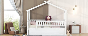 English Elm Twin House Bed with Trundle Solid Pine Frame Walnut Kids Bedroom Sleepover N708P357115K
