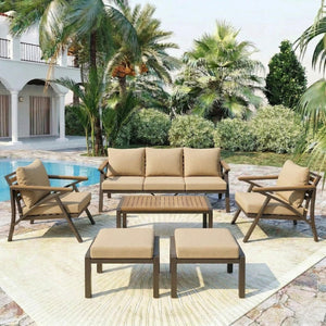 English Elm 6-piece Outdoor Conversation Set with Acacia Wood Accents and Steel Frame Patio Seating Brown N704G201256D