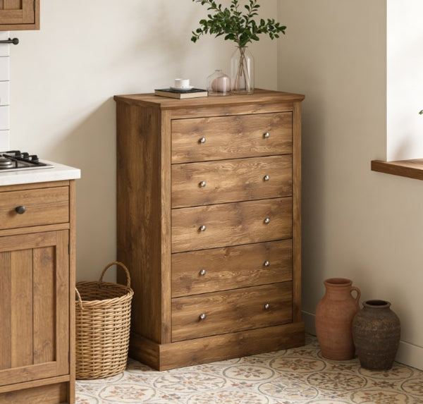 English Elm Dresser Farmhouse Five Drawer Chest Warm Brown Rustic Storage for Bedroom or Entryway T3971P431327