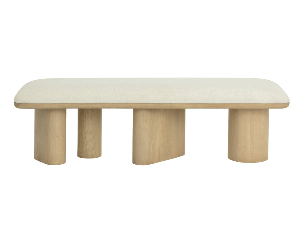 Sunpan HIRO Bench - Sculptural Light Oak Design with Geralt Linen Cushion for Modern Interiors, 64" W 112354