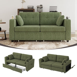 English Elm Sofas for Living Room Chenille Three Seat Couch with Usb Charging Storage and Cup Holder Olive W395S00146