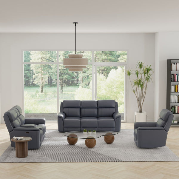 English Elm Oslo Genuine Leather Power Reclining Sofa Set with Usb Charging and Swivel Glider Sapphire Blue B339S00006