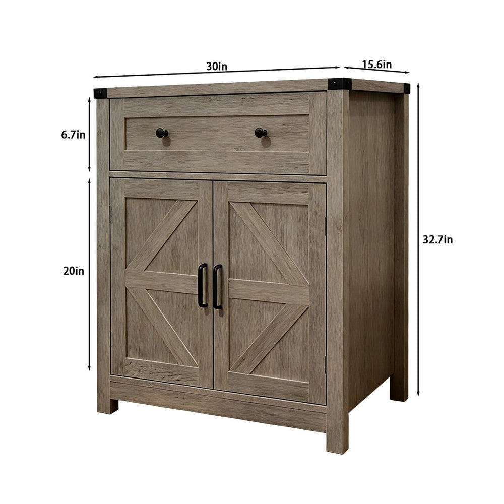 English Elm White Farmhouse Barn Door Buffet Sideboard with Drawer and Wood Grain Top W5590P448942