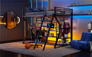 English Elm Full Size Metal Gaming Loft Bed With Workstation, Led Lights, Storage Solutions & Open Wardrobe N7090000666B