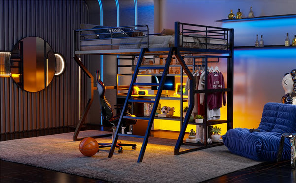 English Elm Full Size Metal Gaming Loft Bed With Workstation, Led Lights, Storage Solutions & Open Wardrobe N7090000666B
