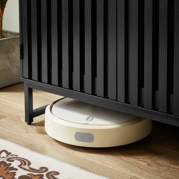 English Elm Cabinet Black Slatted Grille 6-Drawer Dresser, Modern MDF Sideboard with Metal Legs & Adjustable Shelves W578P193310