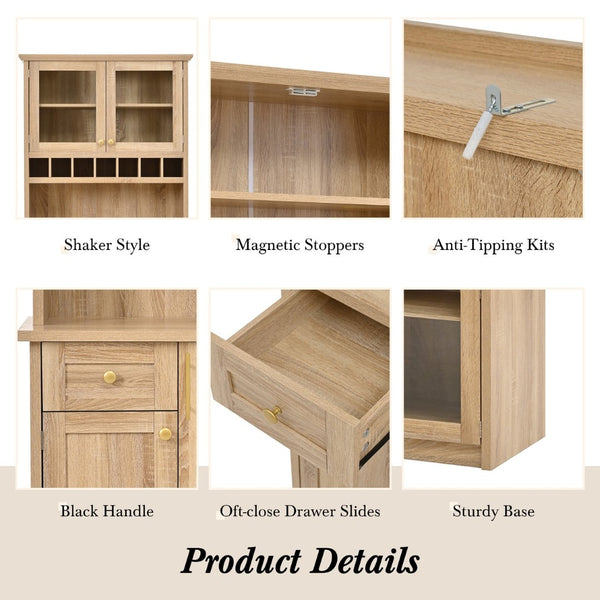 English Elm Topmax Farmhouse Buffet Hutch with Wine Rack Shaker Glass Pantry Cabinet N717P327043N