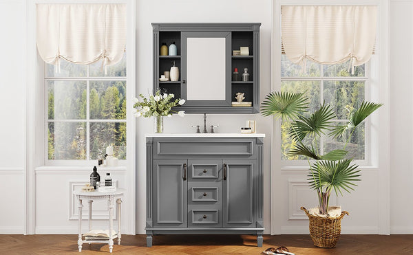 English Elm 36'' Bathroom Vanity with Sink and Mirror Cabinet, Modern MDF & Solid Wood Design, Ceramic Top, Soft-Close Doors Grey SW000115AAE-1