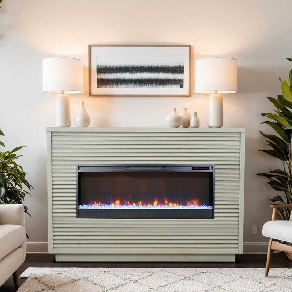 English Elm 62 Inch Fireplace Mantel with 42" Electric Insert, Poplar & Okume Veneer, Remote, Heats 400 Sq Ft Beige B108P255367