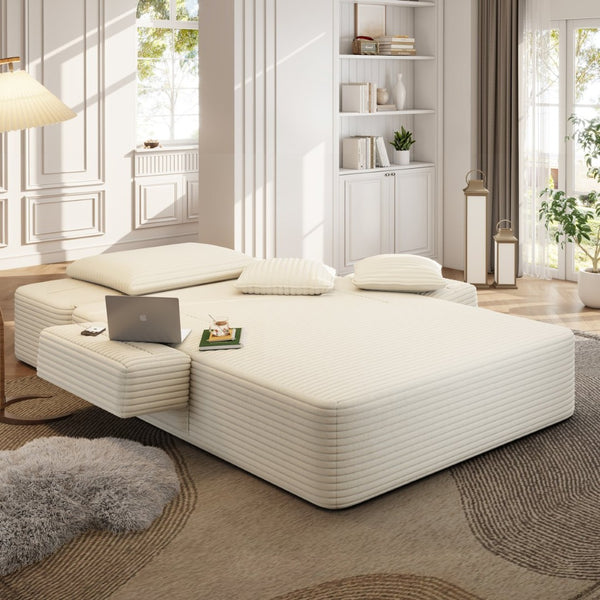 English Elm Luxurious Corduroy Convertible Chaise Lounge Sofa Bed with Foam Support for Apartments Beige W3219P449012