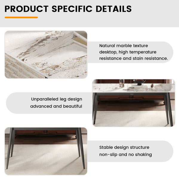 English Elm 62.99" Modern Artificial Stone Dining Table For 6 - Sleek White Top With Dark Grey Metal Legs W1535S00505