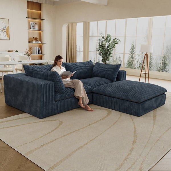 English Elm 39.8" Cloud Modular Sofa Plush Corduroy Deep Seat Feather Fill Living Room Couch Blue W2824S00191