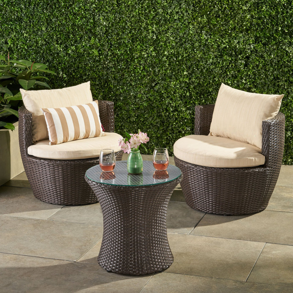 English Elm Christopher Knight Home® - KONO Woven Outdoor 3-Piece Patio Chat Set with Aluminum Frame, Tempered Glass Table, Cushions Brown+Beige 53142.00ALUBRN