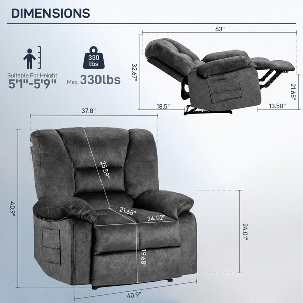 English Elm Living Space Massage Recliner Chair with Lumbar Heat Vibration and Full Body Support Grey W1403P457321