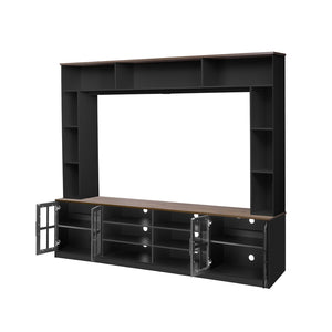 English Elm 95.5" Modern Farmhouse Wall Unit Mdf Bookshelf with Tempered Glass Cabinet Doors Black SJ000161AAB