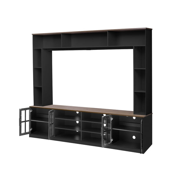 English Elm 95.5" Wide Modern Farmhouse Wall Unit with Tempered Glass Cabinets and Bookshelf Storage Black SJ000157AAB