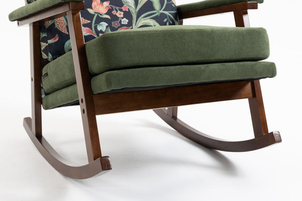 English Elm Mid Century Modern Rocking Chair Solid Wood Frame Upholstered Seat with Lumbar Cushion Antique Green W2530P419005