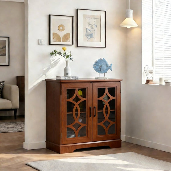 English Elm Elegant Mirrored Sideboard with Butterfly Carved Doors Wood Grain Finish Dining Storage Dark Oak W2899P372743