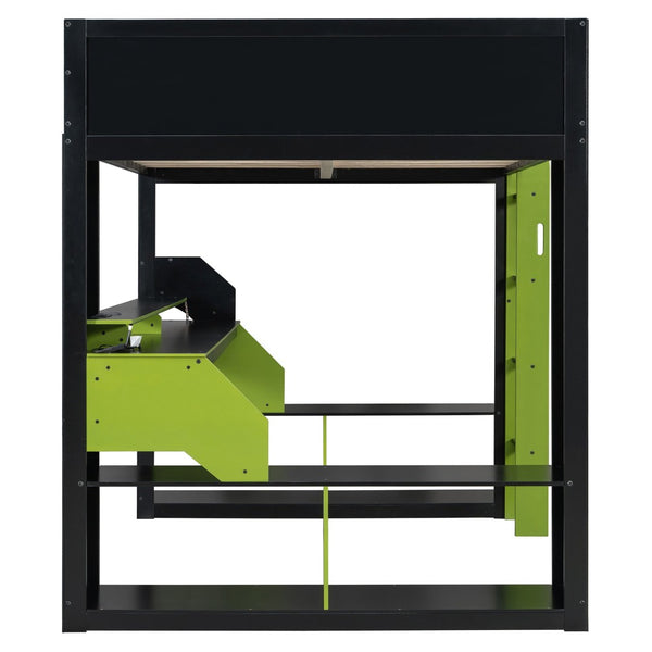 English Elm Full Size Gaming Loft Bed with Rgb Lighting Built-in Desk and Usb Charging Ports Green LT000275AAF