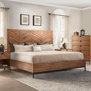 English Elm Astoria King Bed Acacia Wood Chevron Headboard with Usb Ports and Metal Legs B108S00048