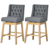 English Elm Homcom Bar Height Bar Stools Set Of 2, 180 Degree Swivel Barstools, 30" Seat Height Bar Chairs With Solid Wood Footrests and Button Tufted Design, Gray