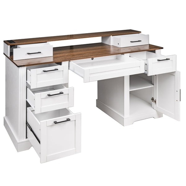 English Elm 59" Fluted Oak L-shaped Corner Desk with Charging Station Monitor Stand and File Storage White W2917S00006