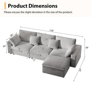 English Elm 118" Velvet L Shaped Sectional with Storage Ottoman and Deep Cloud Cushions W3716S00014