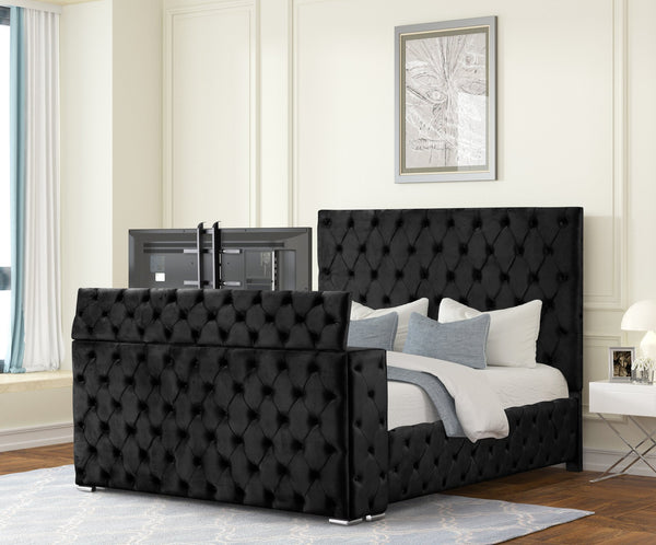 English Elm Encore Modern Tufted King Bed With Upholstered Headboard & Hidden Tv Compartment In Black Finish B009S01652