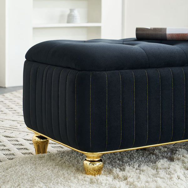 English Elm 47.24''W Storage Ottoman with Deep Button Tufting, Gold Accent Trim, Gas Lift, Sturdy Metal Legs Black W579P224706