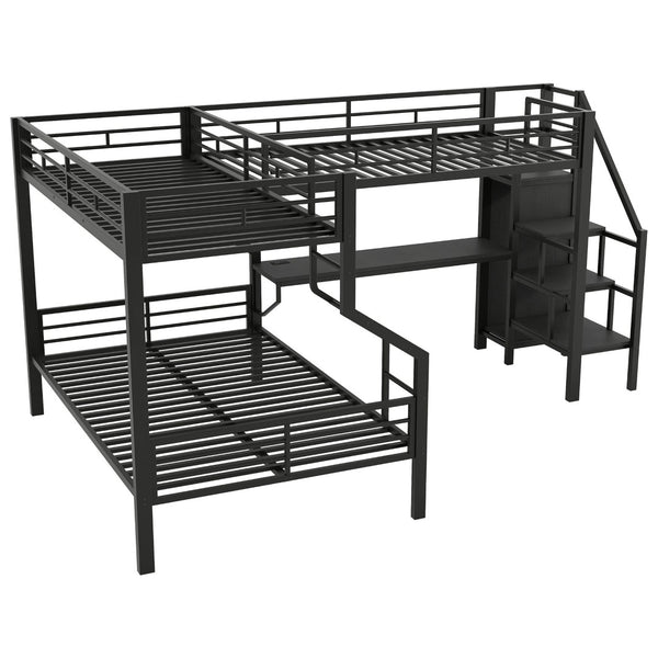 English Elm Twin Over Full L-shaped Bunk Bed with Wardrobe Desk and Usb Charging Ports N7500004100B