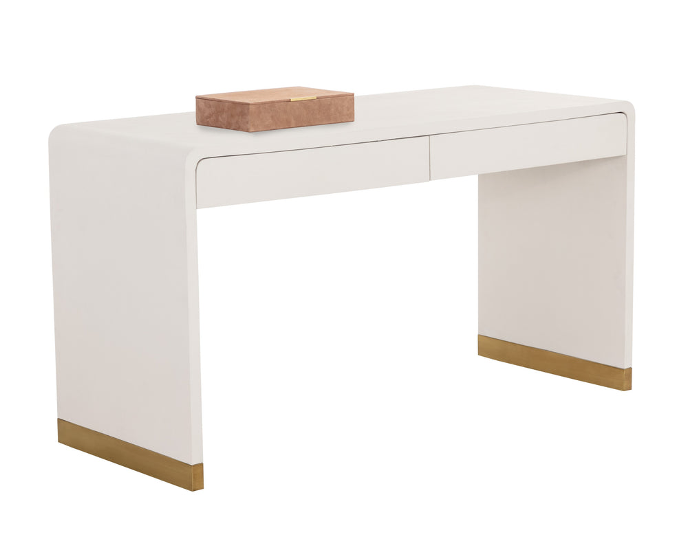 Sunpan Ilona Desk - Contemporary Oyster Shagreen Finish with Antique Brass Base and Sleek Curved Design