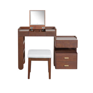 English Elm 3-in-1 Makeup Vanity Desk with Flip Mirror, LED 3-Color Lighting, Expandable Length & Ample Storage Drawers Walnut N844P285298W