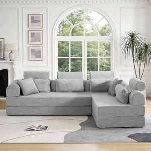 English Elm L Shaped Corduroy Sectional Sofa Converts to Sleeper Bed Space Saving Modular Couch Light Gray W5532S00003