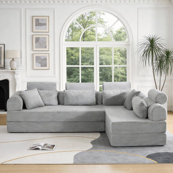 English Elm L Shaped Corduroy Sectional Sofa Converts to Sleeper Bed Space Saving Modular Couch Light Gray W5532S00003