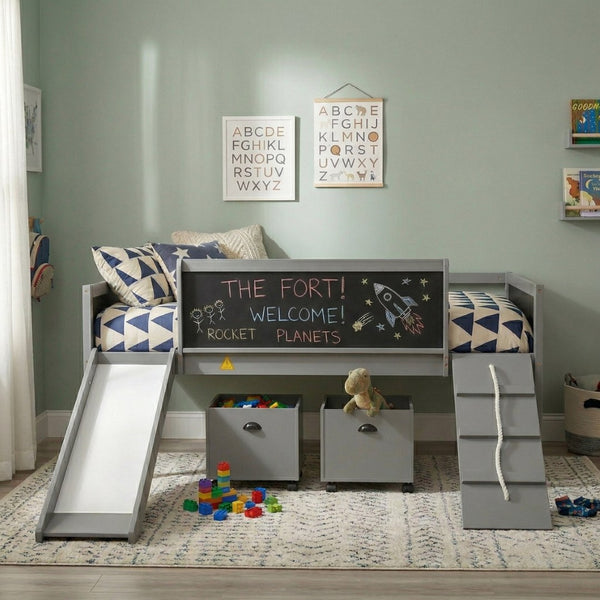 English Elm Twin Kids Loft Bed Solid Pine Frame with Slide Chalkboard and Climbing Rope Play Zone Gray N708P340493E